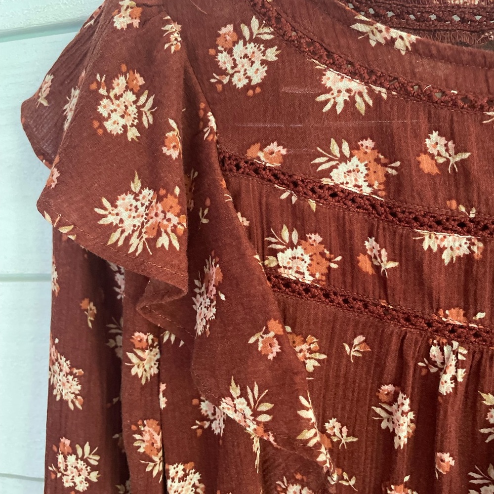 Madewell Ladder Trim Ruffle top burgundy floral Loose boho Women’s oversized XS - Picture 5 of 9